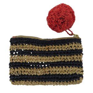 J Crew Tan Blue Straw Loose Woven Zippered Coin Purse Wallet Pom Pom Pull NEW